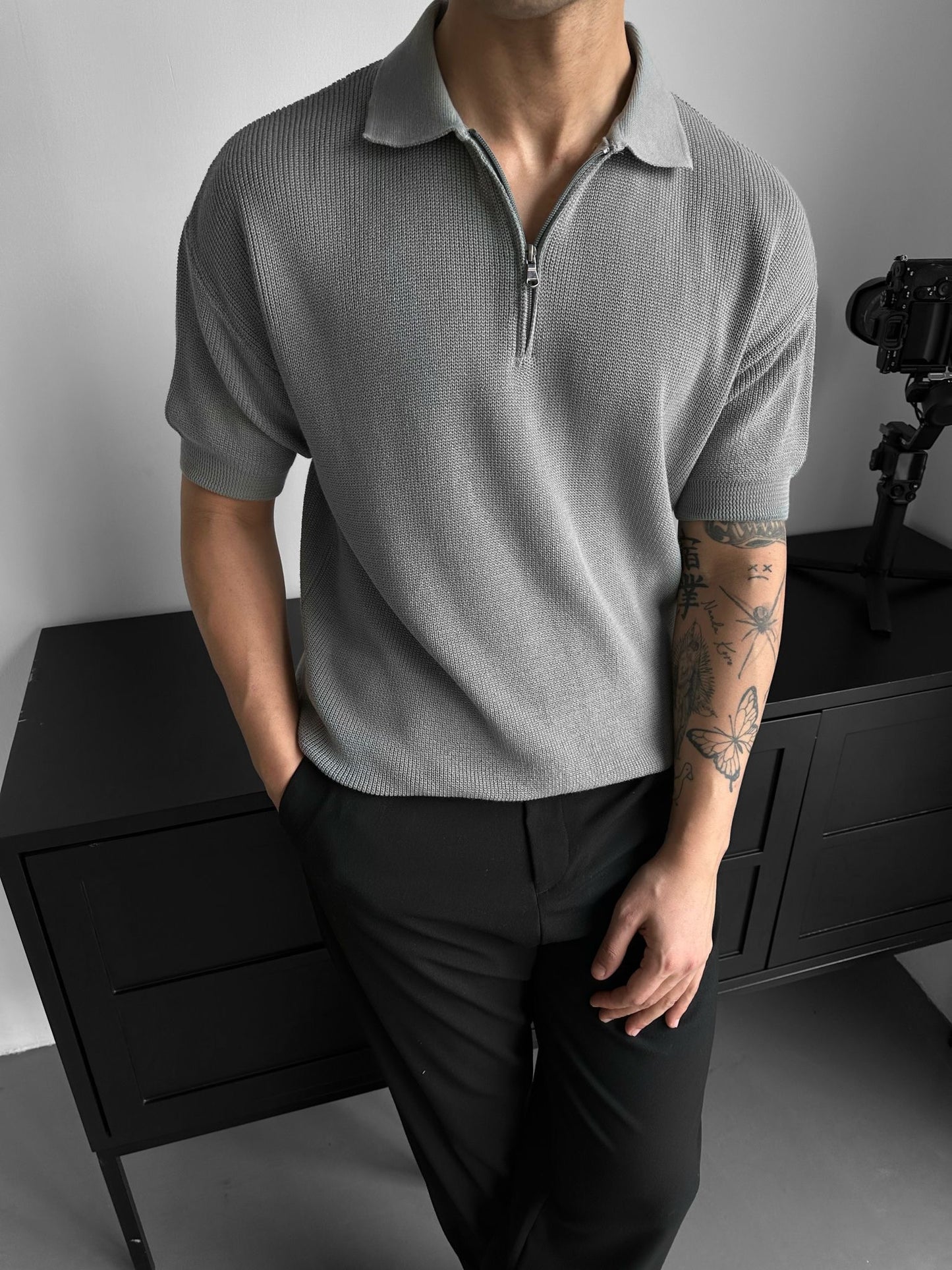 Grey old money half zipper T-shirt