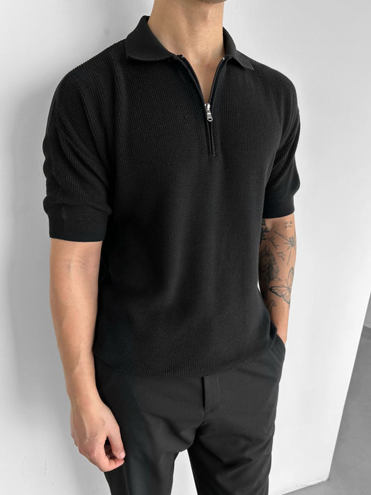 Black old money half zipper T-shirt