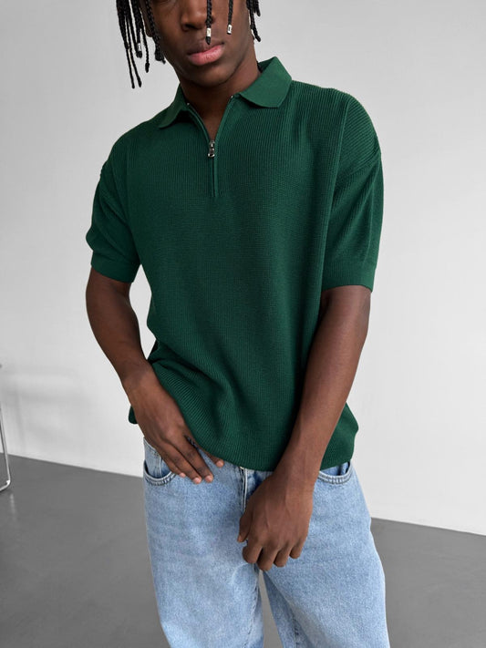 Green old money half zipper T-shirt