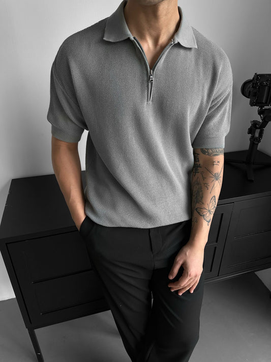 Grey old money half zipper T-shirt